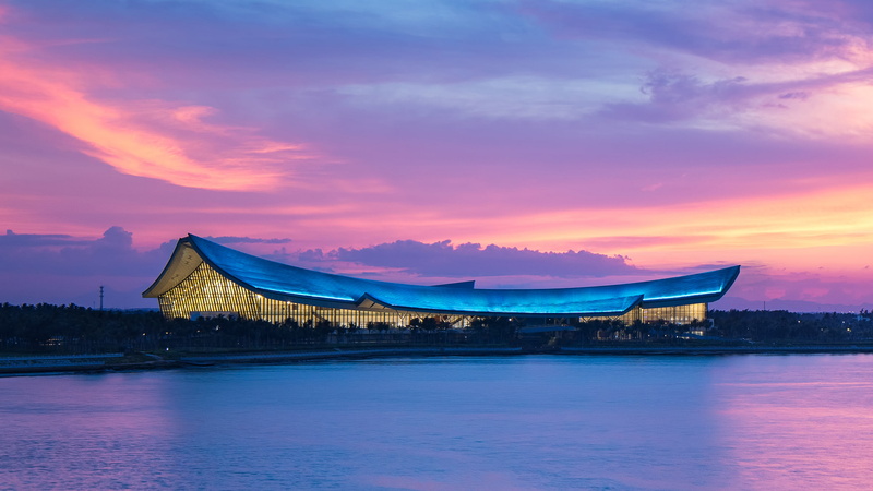 beauty in nature, Sea, dusk, built structure, China, scenics - nature, twilight, water, 1080P, nature, South, nautical vessel, cloud - sky, purple, Museum