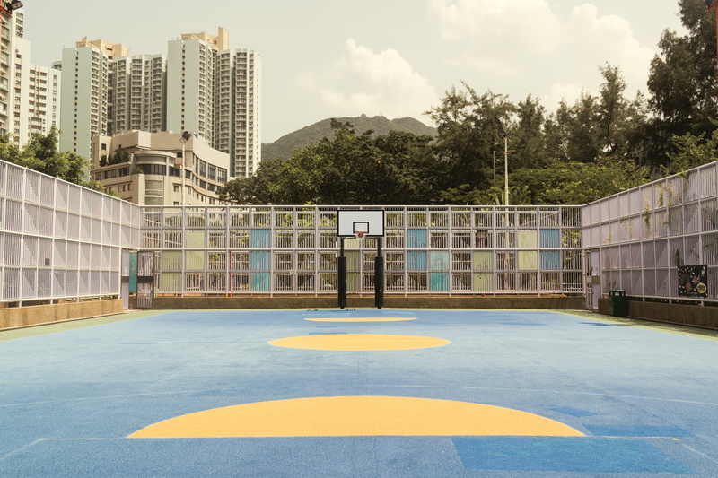 building exterior, sport, court, day, concrete, yellow, street, blue, built structure, cloud - sky, fence, plant, tree, shek kip mei, basketball court