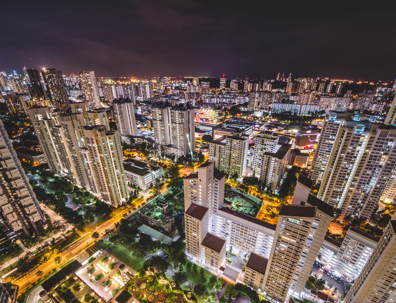 roof, 2K, building, crowded, built structure, cityscape, residential district, street, rooftop, high angle view, singapore, night sky, outdoors, architecture