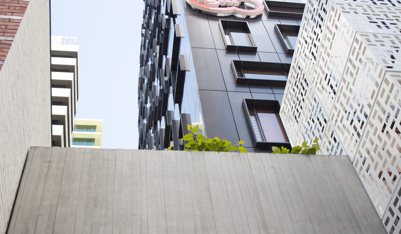 directly below, pattern, brisbane, buildings, outdoors, office, low angle view, windows, tall buildings, day, financial district, residential district
