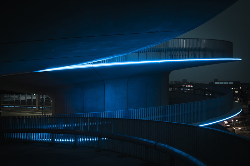 curved, alley, lighted, illuminated, concrete, bridge - man made structure, architecture, jungle, modern, no people, glowing, built structure, railing