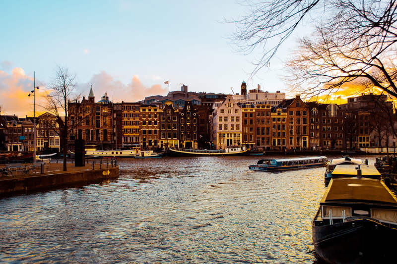 watercraft, sky, no people, building exterior, architecture, transportation, built structure, sunset, 4K, gondola, boat, amsterdam, waterfront, outdoors