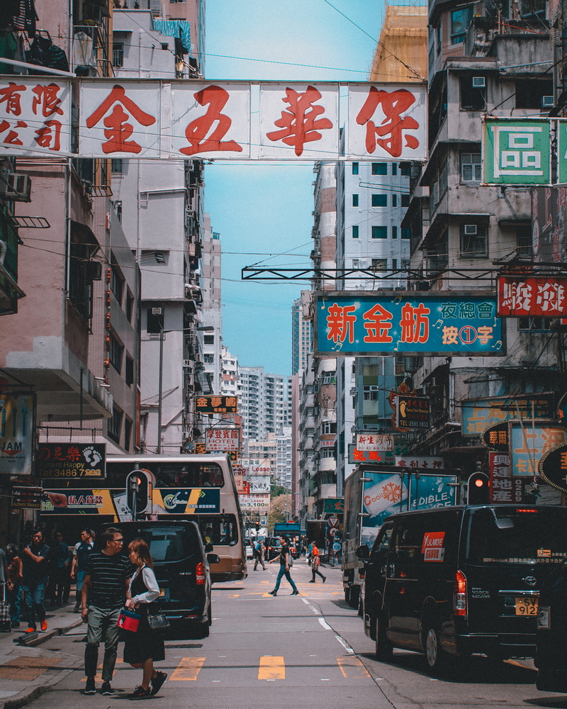 sign, outdoors, tourism, store, building Exterior, street photography, mong kok, architecture, traffic road, 2K, tourist, car, crowded, urban Scene, shop sign