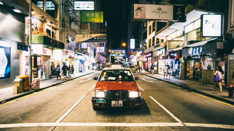 text, mode of transportation, built structure, taxi, mong kok, car, night, building exterior, street, diminishing perspective, photography, sign, illuminated
