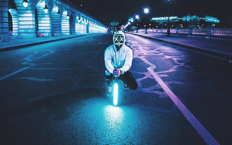 night, mask, street, neon, people, lamp, 1080P