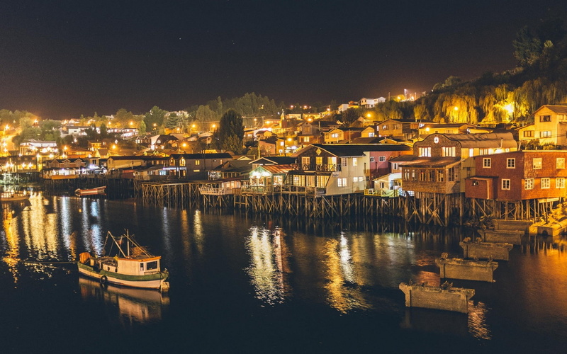 Chile, night, sea, boat, urban, 1080P, architecture, pile-dwelling, island, landscape, city, lights