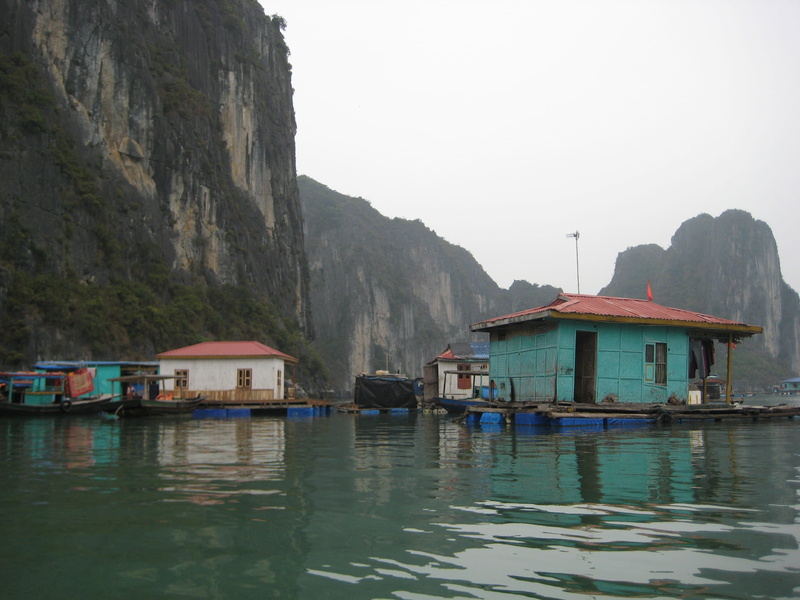 architecture design, nautical vessel, 2K, residence, halong, dwelling, floating, fishing village, mountains, no people, structure, reflection, water, residential