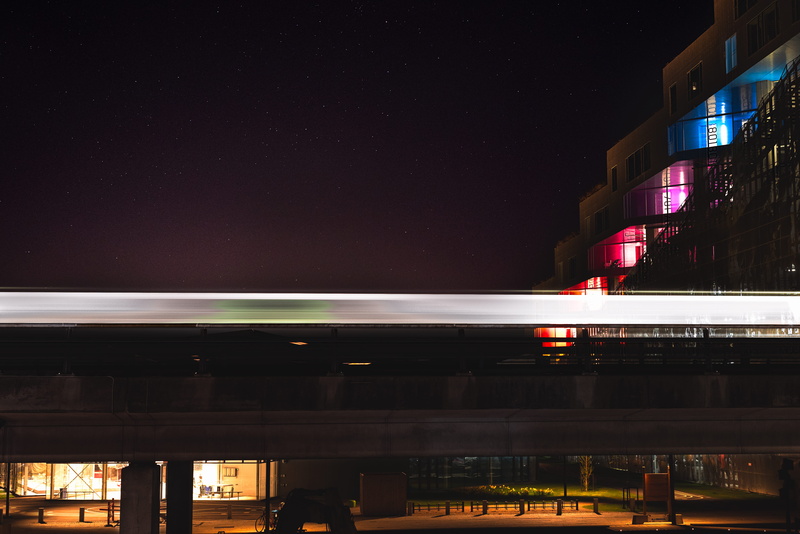 copenhagen, outdoors, cityscape, motion, stars, no people, building exterior, 5K, mountain dwellings, bridge, long exposure, blending, metro, transportation
