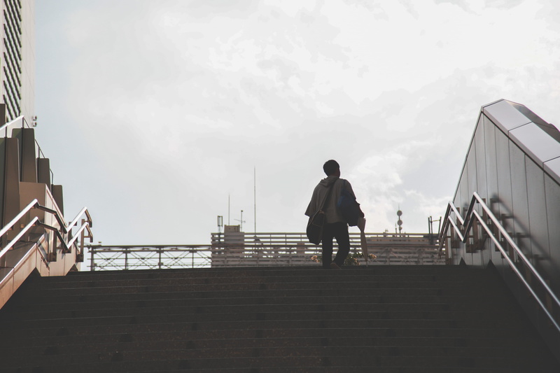 man, hope, leisure activity, silhouette, rear view, mondern, nature, walking, city, full length, alone, stairs, building exterior, 5K, real people, peace