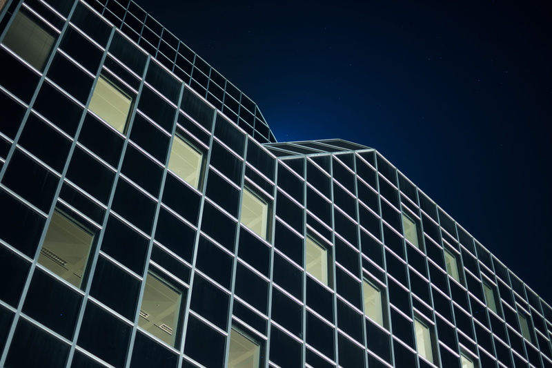 5K, outdoors, sky, blue, nighttime, dark, business, architecture, low, black, window, utrecht, line, technology, photography, night sky, city, angle, pattern