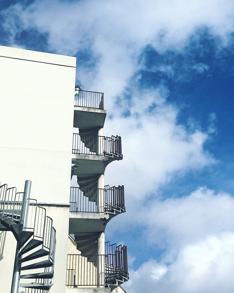 day, staircase, architecture, 1080P, no people, low angle view, sky, travel destinations, railing, buidling, city, built structure, building, nature, cloud - sky