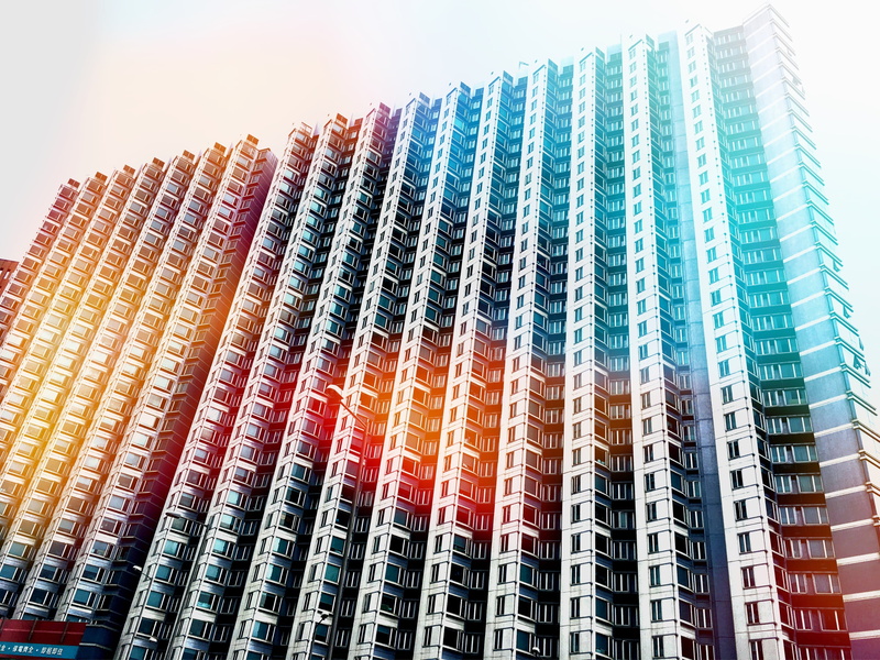 building exterior, apartment, blue, choice, variation, life, 4K, no people, in a row, low angle view, building, window, architecture, large group of objects