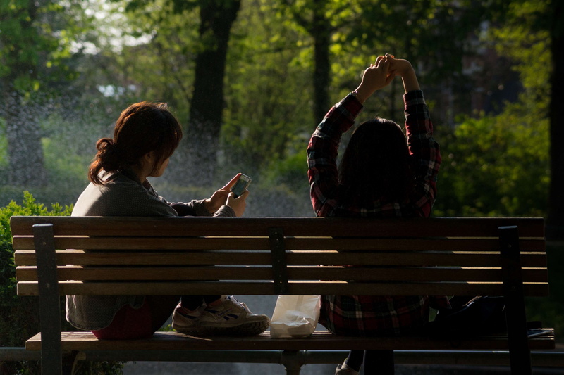 mate, chilling, recreation, communication, friendship, emotion, networking, relaxing, sister, nature, mobile phone, park, adult, women, sitting, human arm