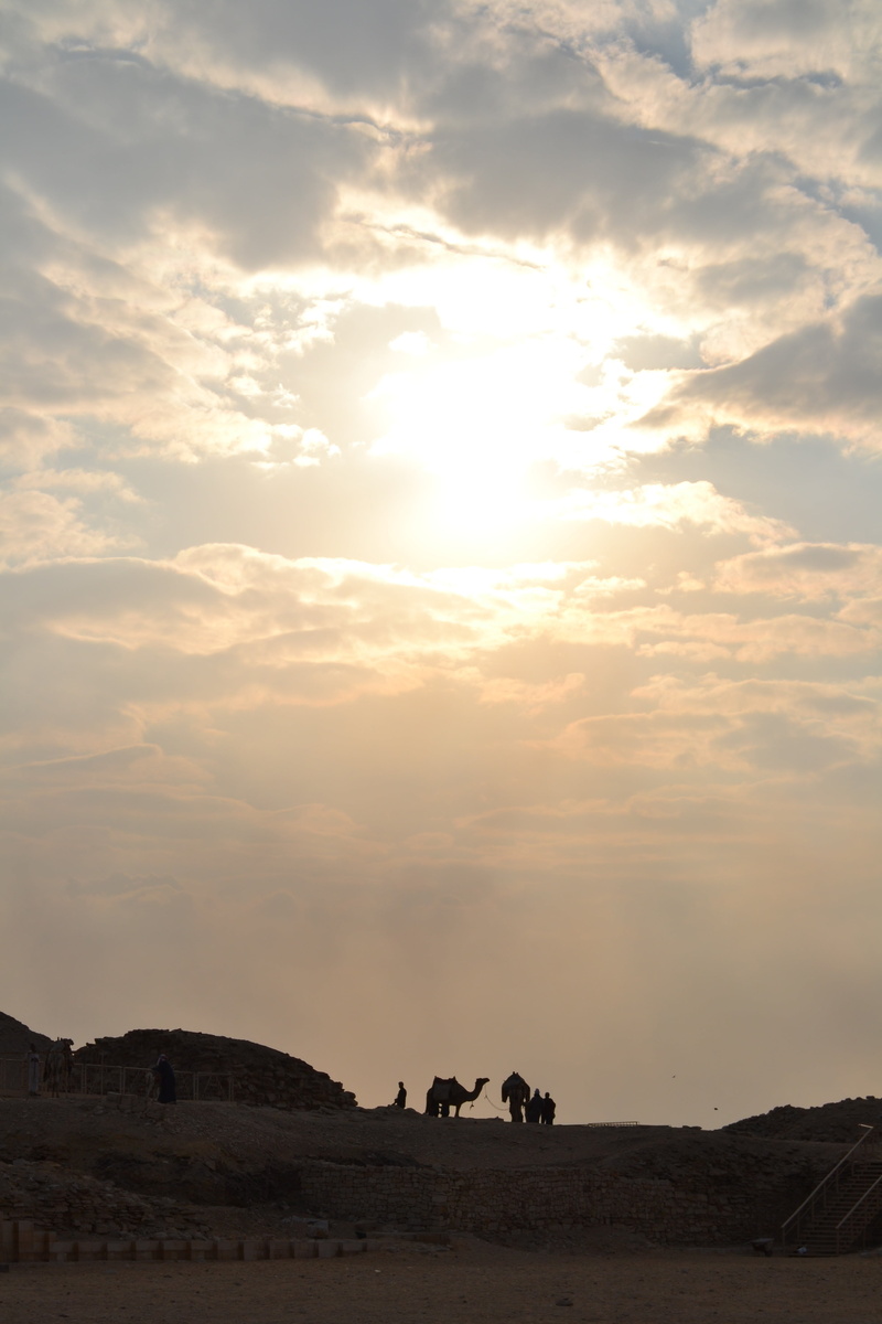 people, tranquil scene, distance, animal, desert, cloud - sky, domestic animals, beauty in nature, herbivorous, vertebrate, scenics - nature, pyramid, nature