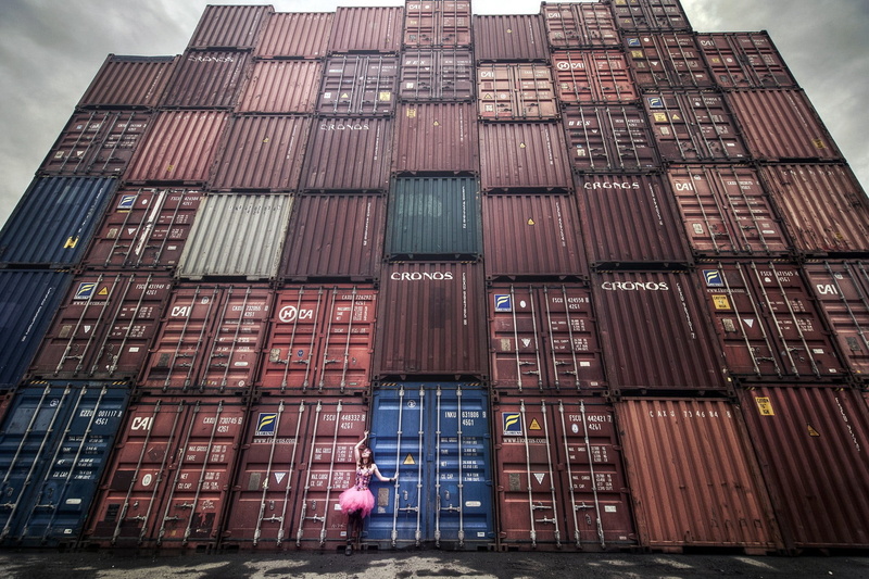 transportation, model, low angle view, architecture, day, outdoors, building exterior, city, shipping, cargo container, freight transportation, business
