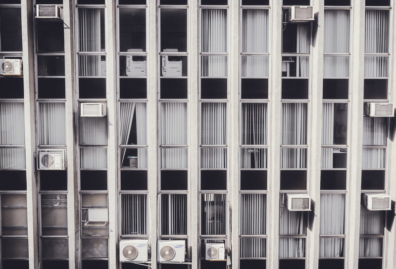 backgrounds, outdoors, day, gray, office building exterior, air conditioner, city, urban, window, shelf, built structure, geometric shape, attached, white