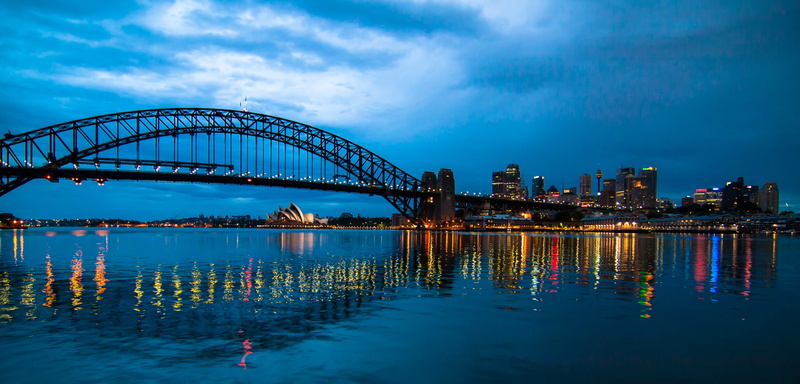 morning light, connection, bridge - man made structure, bridge, 2K, office building exterior, australia, cloud - sky, reflection, building, water, dusk