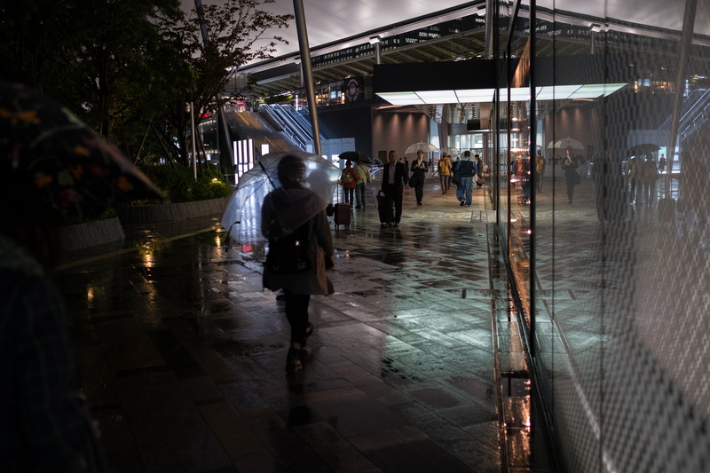 built structure, walking, group of people, japan, shop, crowd, men, city, illuminated, night, people, wet, reflection, rain, real people, umbrella, street