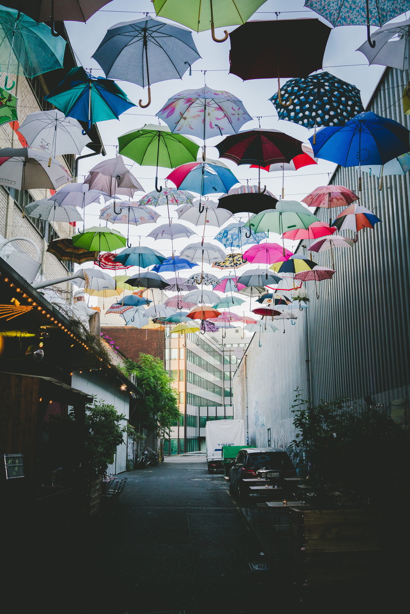 day, market, colored, no people, assorted, protection, wet, city, sky, daytime, outdoors, built structure, lot, decoration, hanging, nature, 8K, rain