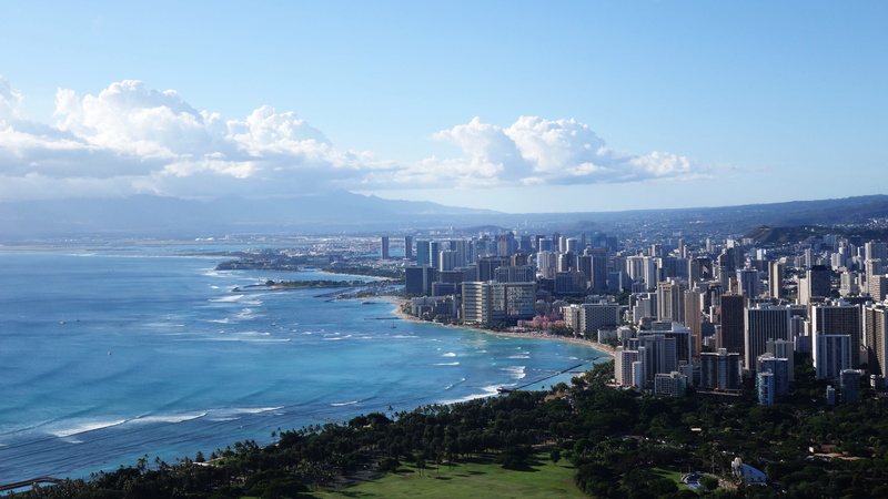 water, city, bay, hawaii, nature, cloud - sky, architecture, skyscraper, office building exterior, day, land, cityscape, outdoors, modern, high angle view