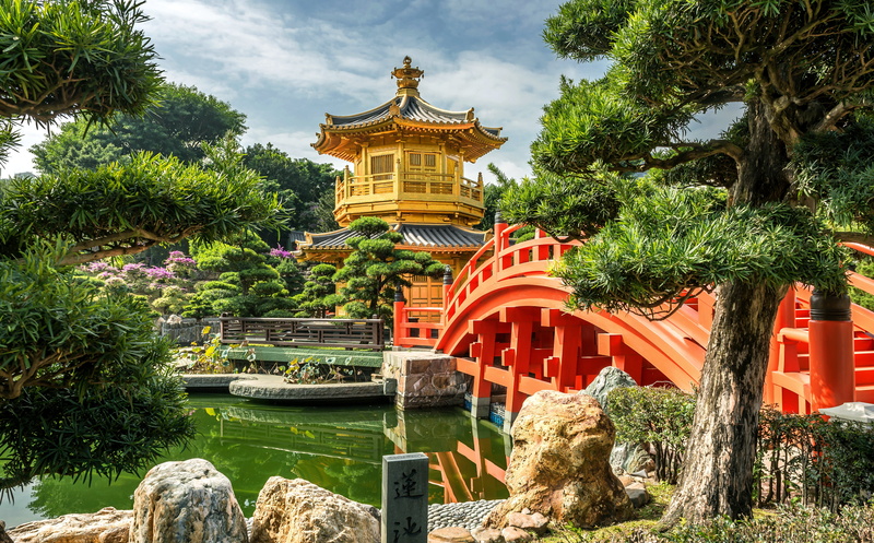 Park-garden, pond, 5K, Nan Lian, the bridge, pavilion, trees, stones, pagoda, nature, China, Hong Kong