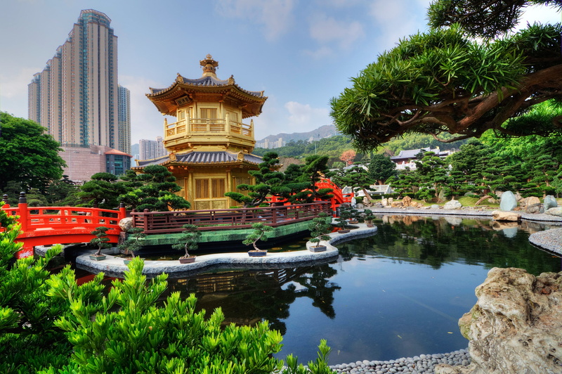 Nan Lian Garden, Park, stones, the city, clouds, pond, China, greens, pagoda, home, bridges, the bushes, Hong Kong, the sky, 2K, trees