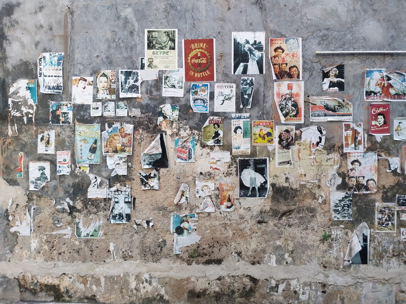 no people, built structure, building exterior, full frame, grey, poster, human representation, representation, text, assorted, hung, old, outdoors, messy