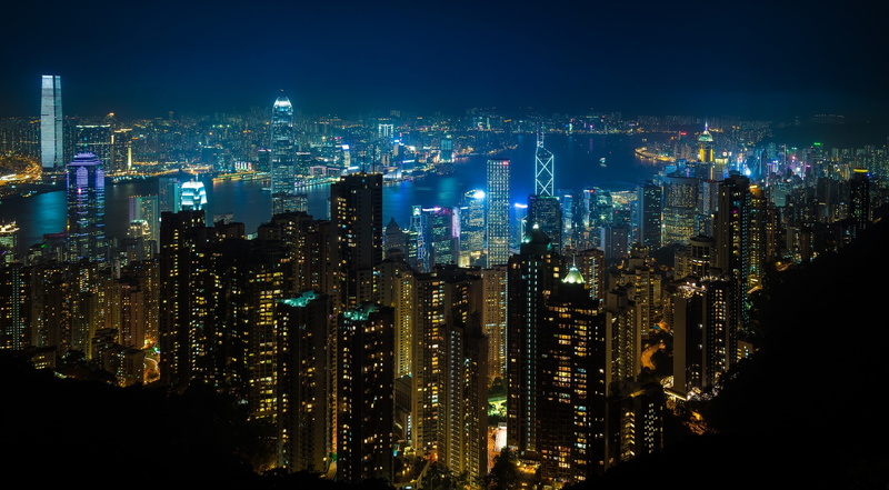 financial district, skyscraper, lights, residential district, no people, building, outdoors, sky, night, modern, landscape, travel destinations, Hong Kong