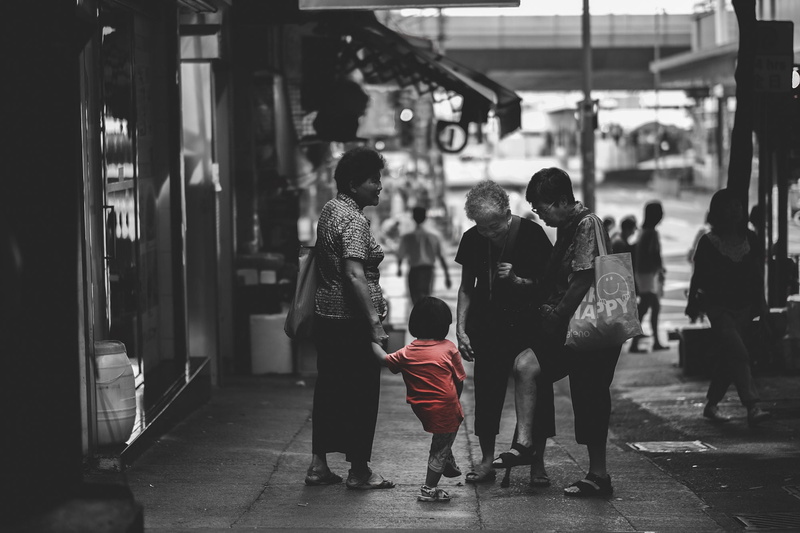 dress, casual clothing, selective coloring, city, old people, people, rear view, city life, Hong Kong, architecture, red, incidental people, street, transportation