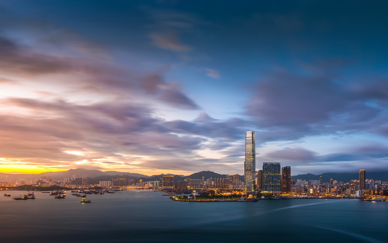 water, 1080P, lights, evening, sunset, city, harbor, building, China, architecture, cityscape, clouds, skyscraper, long exposure, Hong Kong, urban, hills