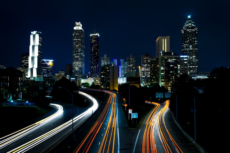 atlanta, georgia, lights, car, tall - high, architecture, night, photography, building, night time, financial district, no people, built structure, street