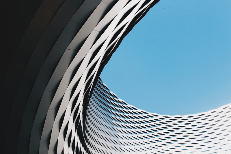 day, sunlight, glass - material, structure, low angle view, hole, skylight, blue, texture, curved, daytime, grey, 5K, sky, building exterior, business