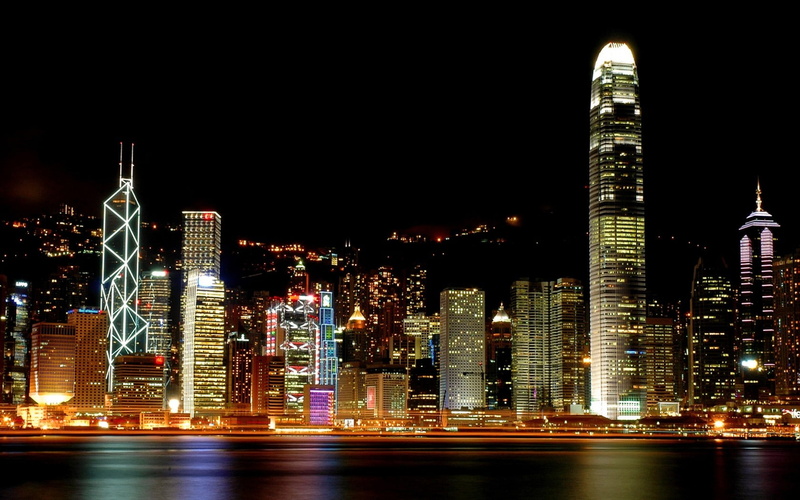 skyscraper, financial district, city, modern, Hong Kong, night, cityscape, tall - high, water, built structure, building, sky, downtown district, office