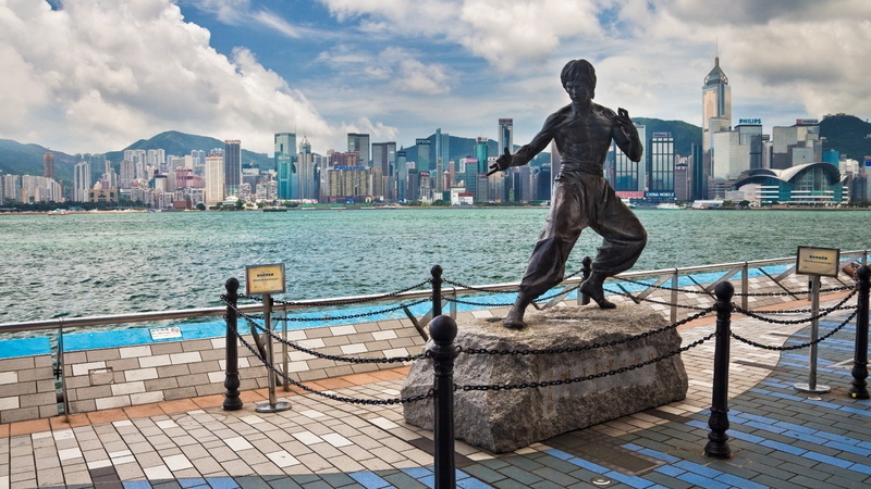 Bruce Lee, skyscrapers, monument, Hong Kong, 1080P