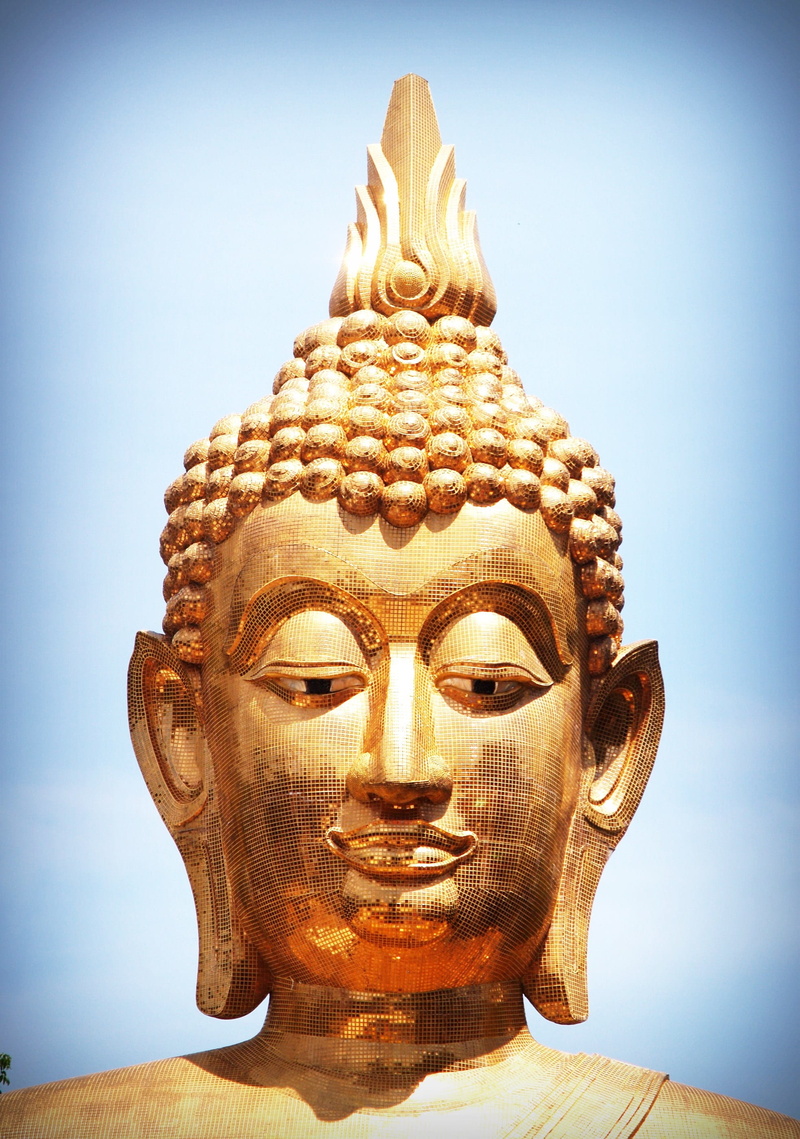 east, pray, profile, orange, sunlight, male likeness, concept, human representation, sculpture, wise, 2K, sky, architecture, buddha, holy, shine, eastern