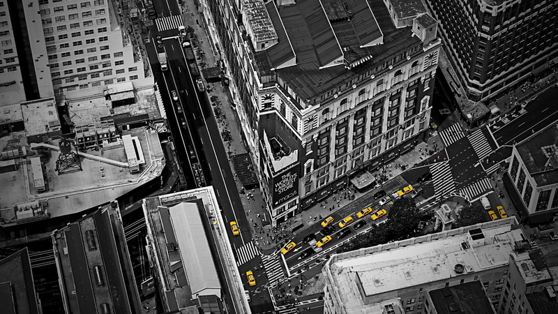 transportation, city, aerial view, taxi, building exterior, skyscraper, high angle view, architecture, car, city street, office building exterior, no people