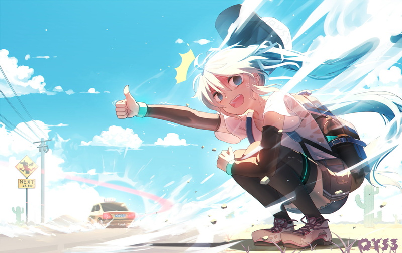 twintails, taxi, anime girls, Hatsune Miku, road, 720P, clouds, sky