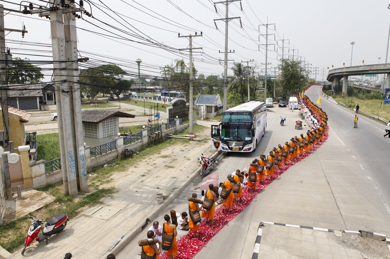 group of people, gold, car, buddhism, city, wat, tradition, public transportation, electricity, festival, dhammakaya pagoda, walk, high angle view, orange