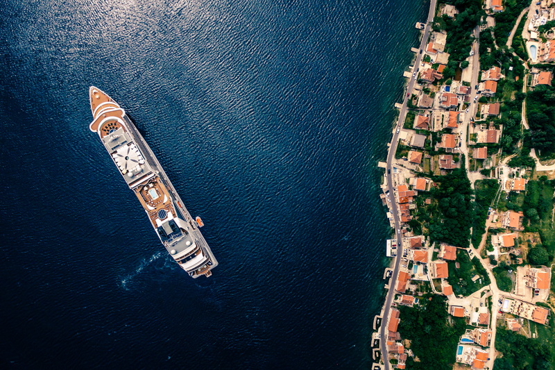 сruise, sea, houses, mode of transportation, sail, day, near, kotor, 2K, coastal town, coastal city, drone view, white, body, adventure, cruise, built structure
