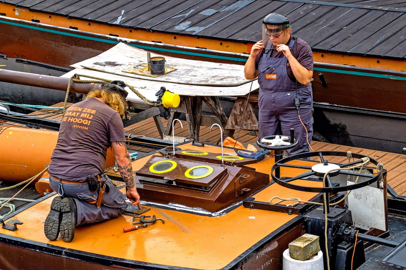 transportation, 4K, nautical vessel, europe, industry, occupation, adult, work tool, expertise, barge, repairman, workers, men, holland, cooperation, coworker