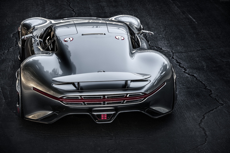Mercedes-Benz AMG Vision, 5K, land vehicle, car, studio shot, 2015 car, concept, metal, silver, test drive, high angle view, back, black color, mode of transportation