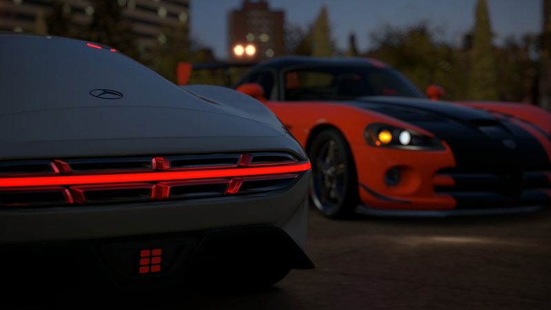 architecture, focus on foreground, mode of transportation, blue, luxury, road, outdoors, selective focus, street, car, no people, 1080P, night, tail light