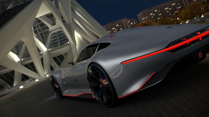 outdoors, sports car, night, video games, luxury, transportation, city, sport, illuminated, built structure, motor vehicle, architecture, motion, Gran Turismo 5