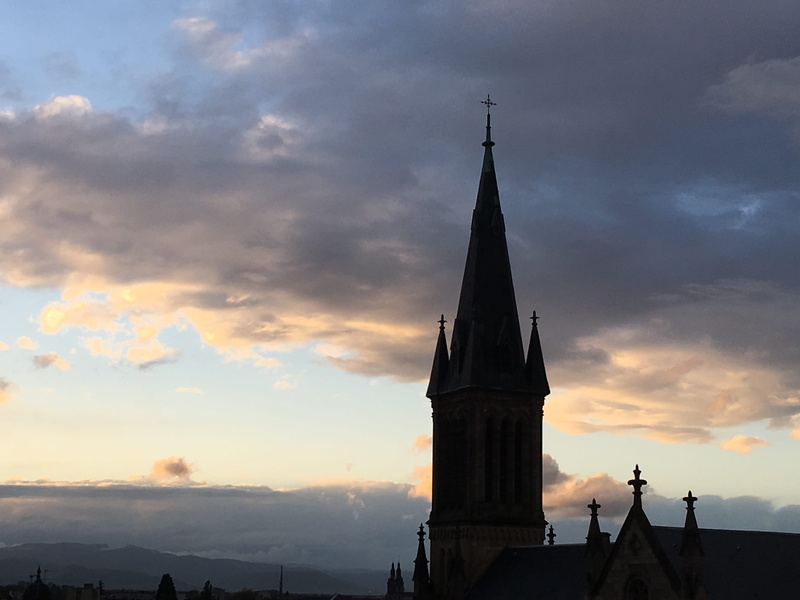 sunset, town, 4K, architecture, no people, spirituality, city, light, belief, church, france, spire, tower, orange color, outdoors, flare, religion, mulhouse