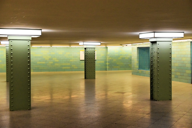 light fixture, architecture, travel, concrete, corridor, no people, wall - building feature, colorful, bahnhof alexanderplatz, perspective, gray