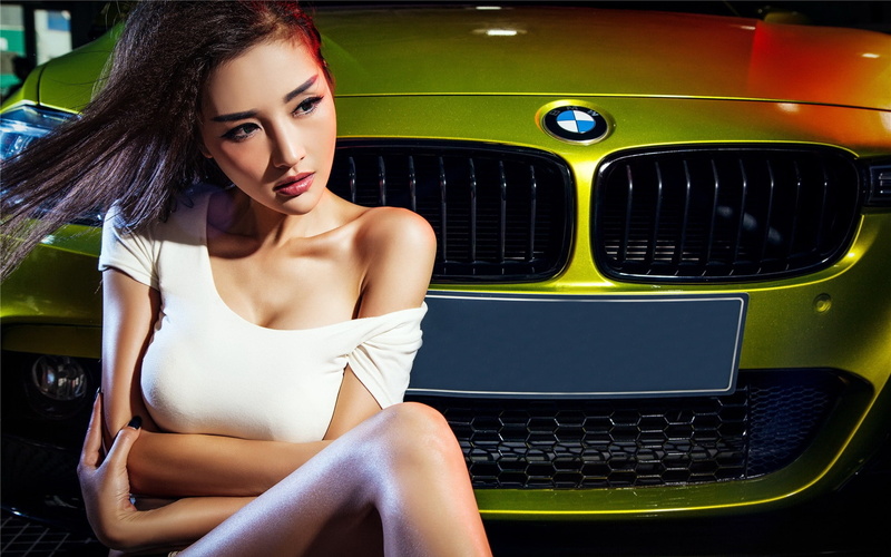sitting on the machine, Asian, beautiful girl, BMW, 1080P, look, Girls, auto