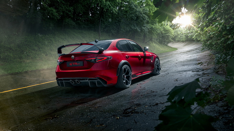 red cars, road, car, sports car, low light, 5K, vehicle, Alfa Romeo Giulia, forest, Alfa Romeo