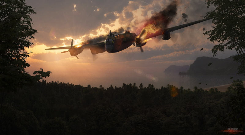 lancaster, sunset, outdoors, hibikirus, mid-air, illustration, air vehicle, smoke - physical structure, Other Games, low angle view, mk, no people, accidents and disasters