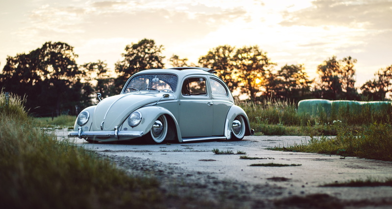 Beetle, road, trees, Volkswagen, sunroof, wheel, sunset, 4K, the sky