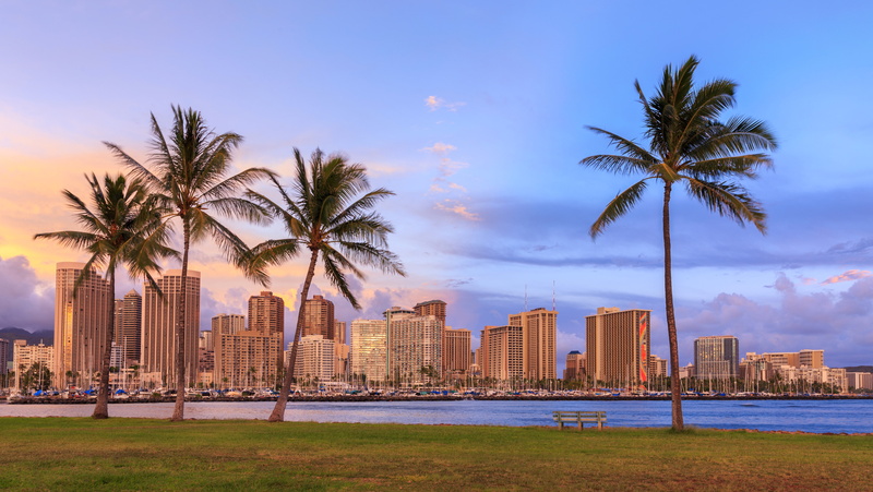 clouds, Bay, yachts, shore, tropics, home, sea, Honolulu, lawn, Hawaii, 5K, Waikiki, the sky, bench, grass, palm trees